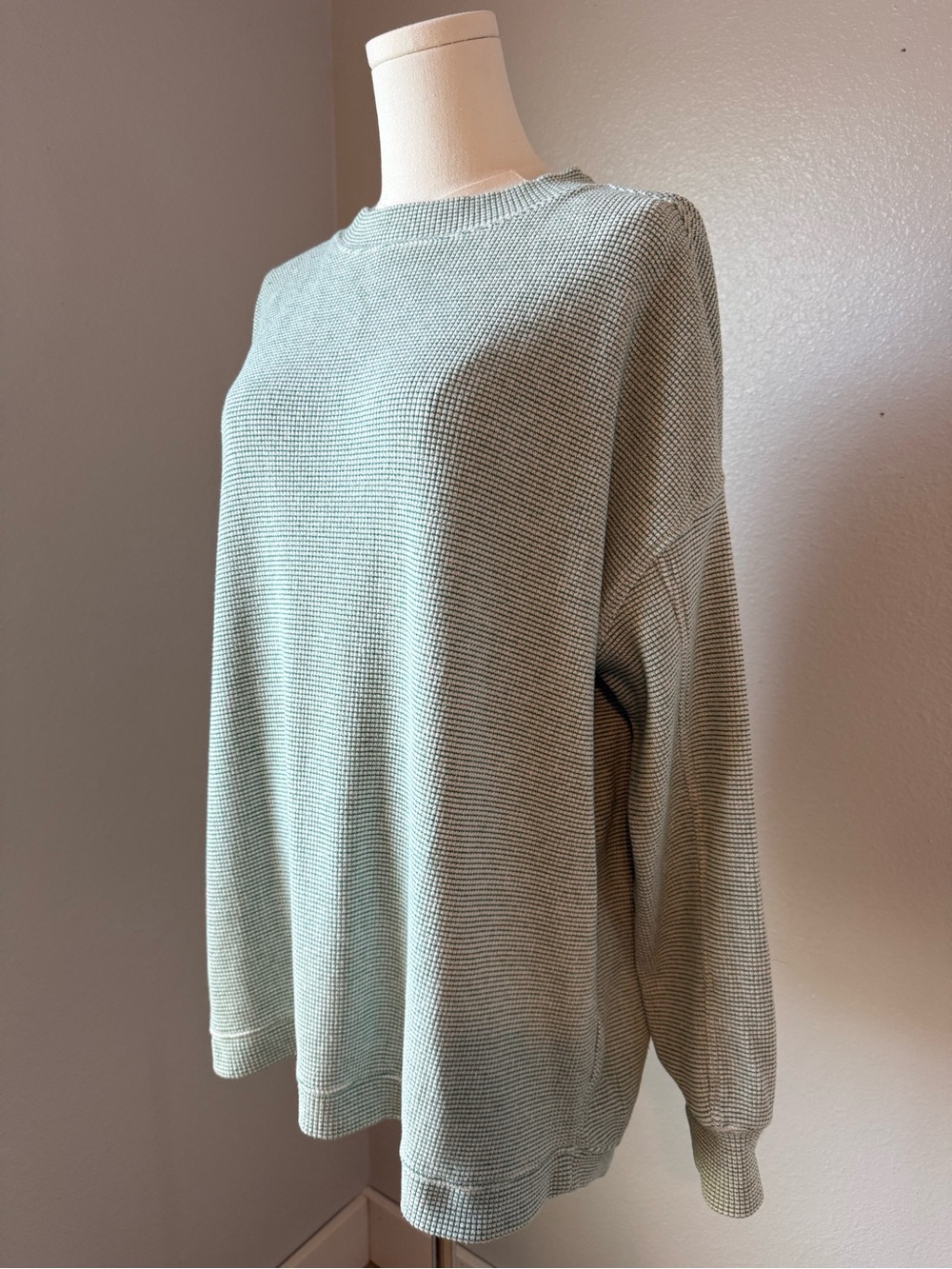 Aerie Oversized Waffle Knit Crewneck Pullover Green White Size S